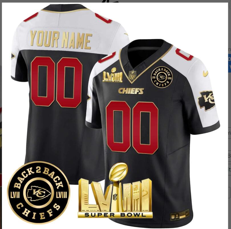 Men 2024 Nike NFL Kansas City Chiefs Super Bowl LVIII & Back-2-Back Gold Patch Vapor Custom Jersey